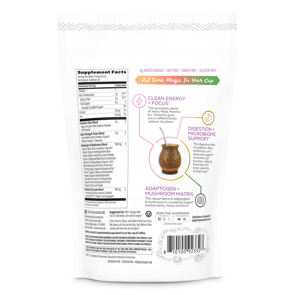Back of supplement pouch showing facts, benefits, and an image of a traditional yerba mate cup