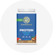 Blue and green container of Sunwarrior plant-based protein powder with vanilla flavor label