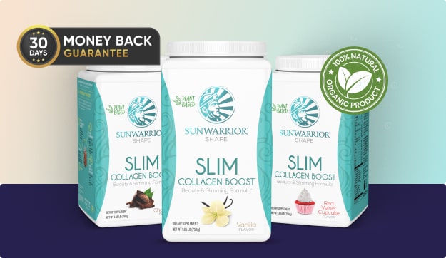 Sunwarrior Slim Collagen Boost vanilla, chocolate, and red velvet cupcake flavors with natural organic product badge.